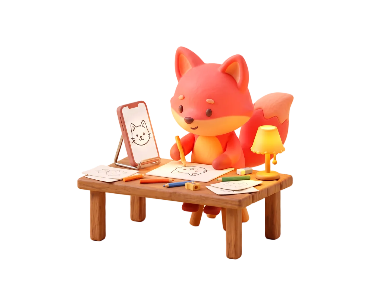 Kit at a desk lamp, phone propped on a stand above the paper, tracing a cat from the guide on the screen
