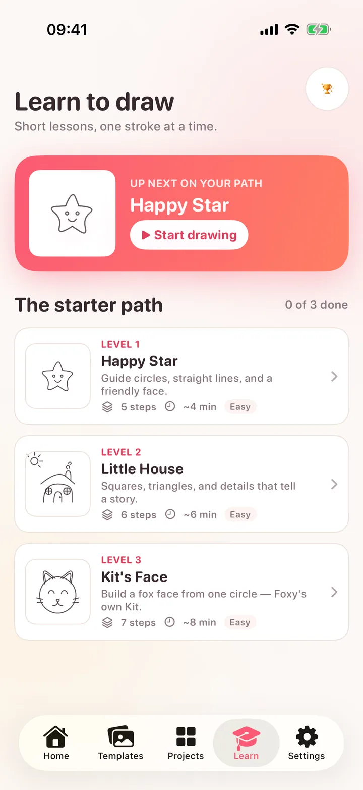 The Learn tab: “Happy Star” up next on the starter path, with Little House and Kit’s Face below