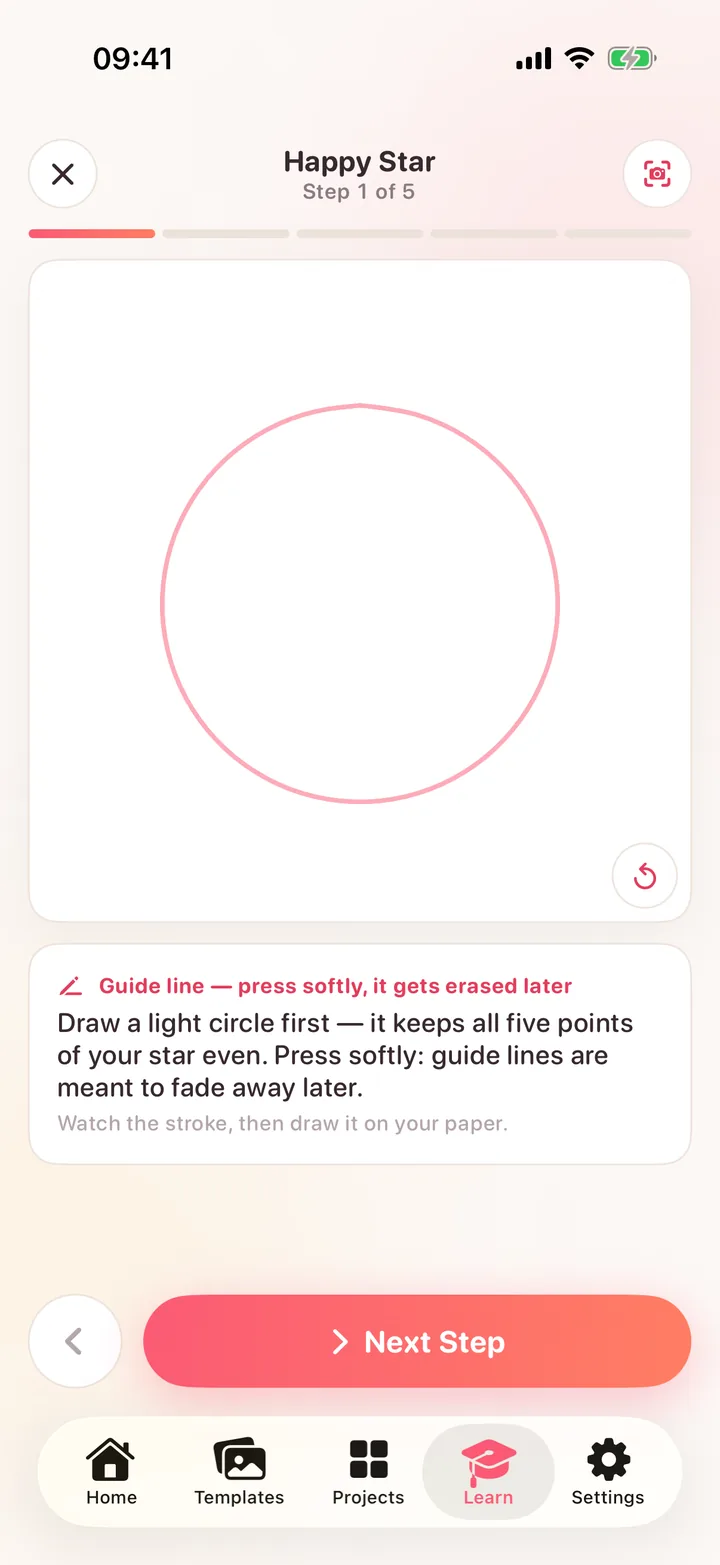 Lesson player: Happy Star, step 1 of 5 — a light guide circle and the note to press softly because guide lines get erased later